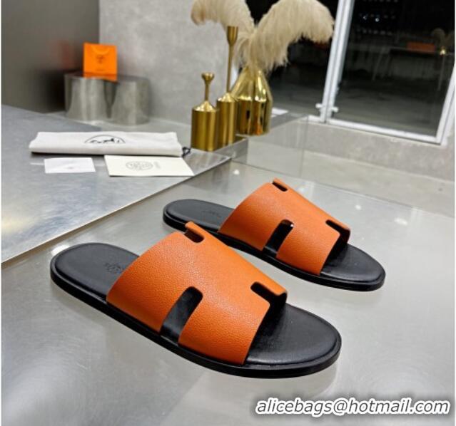 Unique Grade Hermes Men's Izmir Litchi-Grained Leather Flat Slide Sandals 121637 Orange/Black