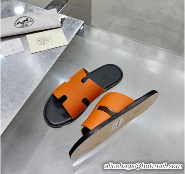 Unique Grade Hermes Men's Izmir Litchi-Grained Leather Flat Slide Sandals 121637 Orange/Black