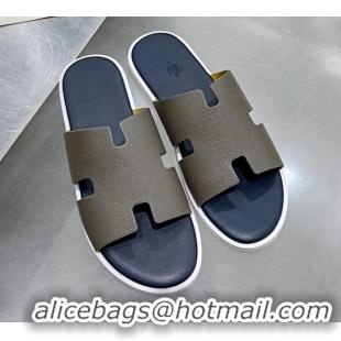 Super Quality Hermes Men's Izmir Palm-Grained Leather Flat Slide Sandals 121638 Grey/Dark Blue