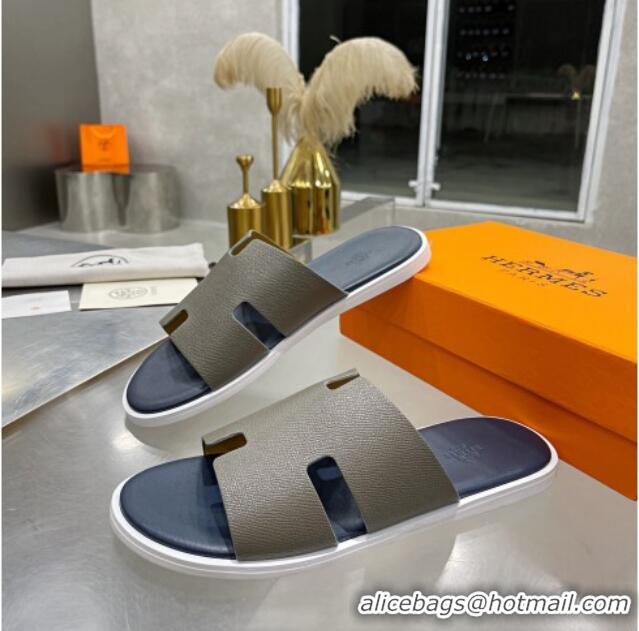 Super Quality Hermes Men's Izmir Palm-Grained Leather Flat Slide Sandals 121638 Grey/Dark Blue