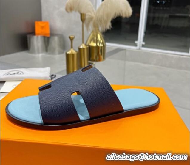 Top Quality Hermes Men's Izmir Toothpick-Grained Leather Flat Slide Sandals 121639 Dark Blue/Light Blue