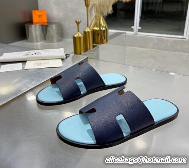 Top Quality Hermes Men's Izmir Toothpick-Grained Leather Flat Slide Sandals 121639 Dark Blue/Light Blue