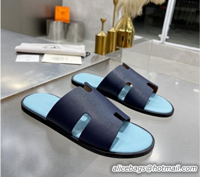 Top Quality Hermes Men's Izmir Toothpick-Grained Leather Flat Slide Sandals 121639 Dark Blue/Light Blue