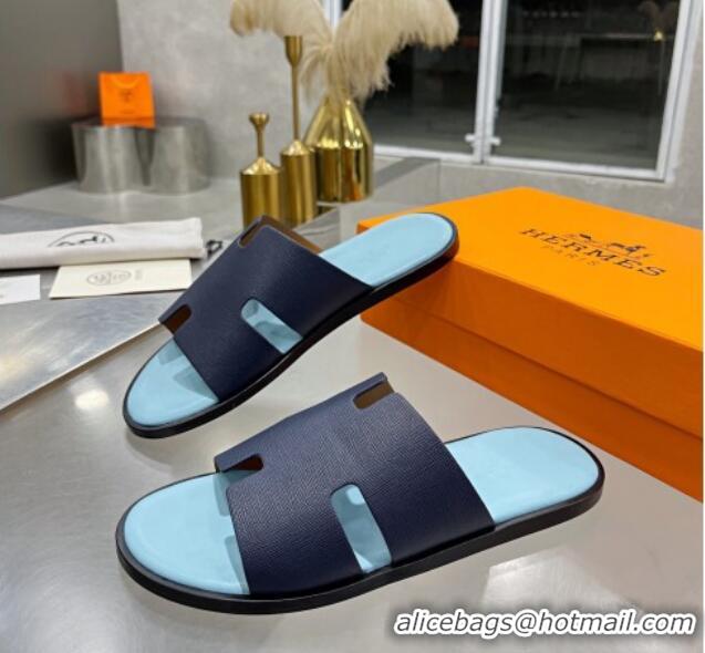 Top Quality Hermes Men's Izmir Toothpick-Grained Leather Flat Slide Sandals 121639 Dark Blue/Light Blue