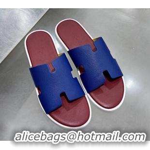 New Style Hermes Men's Izmir Palm-Grained Leather Flat Slide Sandals 121640 Royal Blue/Burgundy