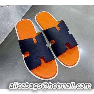 Good Quality Hermes Men's Izmir Palm-Grained Leather Flat Slide Sandals 121641 Dark Blue/Orange