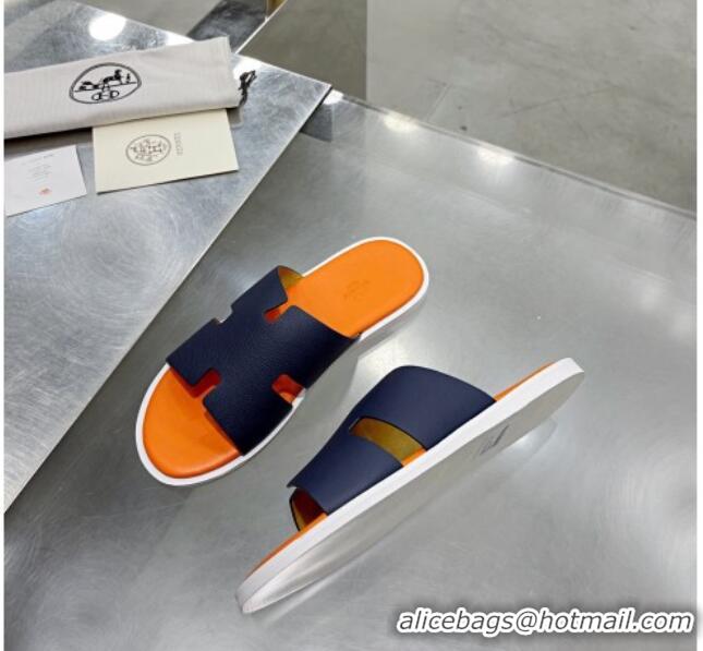 Good Quality Hermes Men's Izmir Palm-Grained Leather Flat Slide Sandals 121641 Dark Blue/Orange