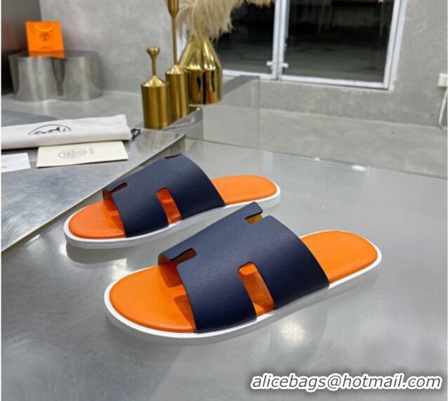 Good Quality Hermes Men's Izmir Palm-Grained Leather Flat Slide Sandals 121641 Dark Blue/Orange