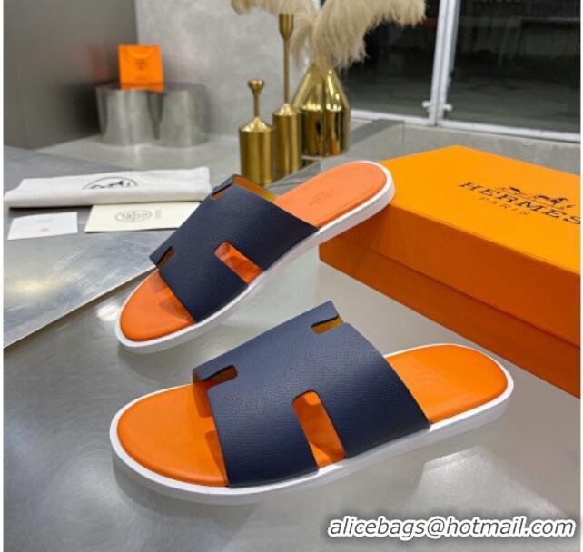 Good Quality Hermes Men's Izmir Palm-Grained Leather Flat Slide Sandals 121641 Dark Blue/Orange