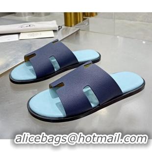 Perfect Hermes Men's Izmir Palm-Grained Leather Flat Slide Sandals 121642 Dark Blue/Light Blue