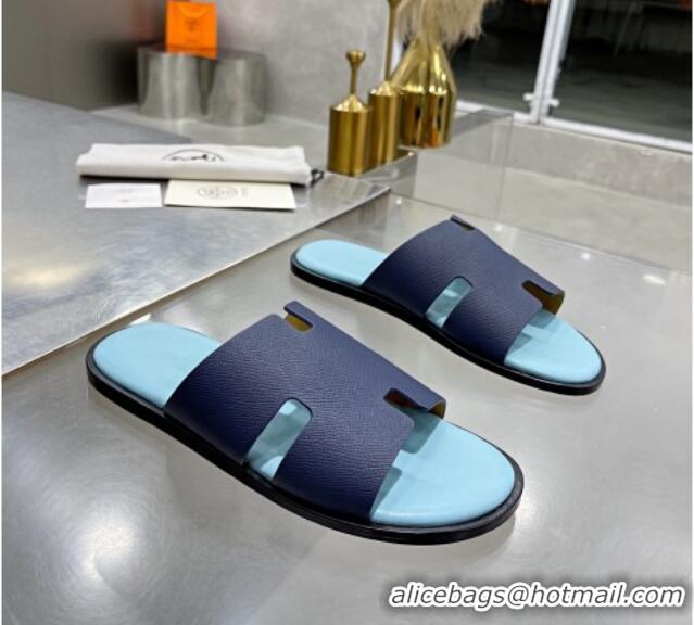 Perfect Hermes Men's Izmir Palm-Grained Leather Flat Slide Sandals 121642 Dark Blue/Light Blue