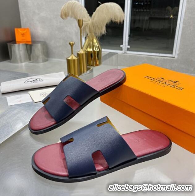 Good Product Hermes Men's Izmir Palm-Grained Leather Flat Slide Sandals 121643 Dark Blue/Burgundy