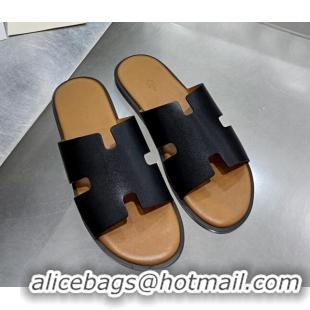 Low Cost Hermes Men's Izmir Smooth Leather Flat Slide Sandals 121645 Black/Brown