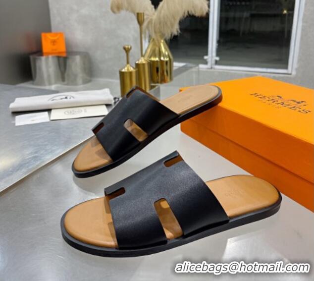 Low Cost Hermes Men's Izmir Smooth Leather Flat Slide Sandals 121645 Black/Brown