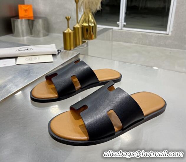 Low Cost Hermes Men's Izmir Smooth Leather Flat Slide Sandals 121645 Black/Brown