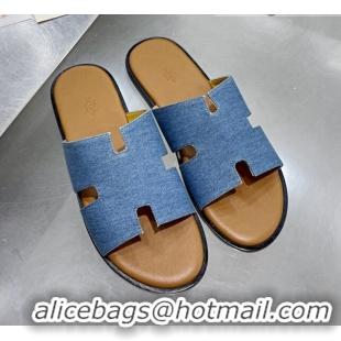 Grade Design Hermes Men's Izmir Denim Flat Slide Sandals Blue/Brown Leather 121646