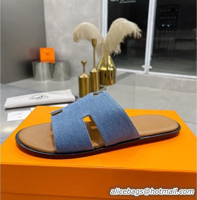 Grade Design Hermes Men's Izmir Denim Flat Slide Sandals Blue/Brown Leather 121646