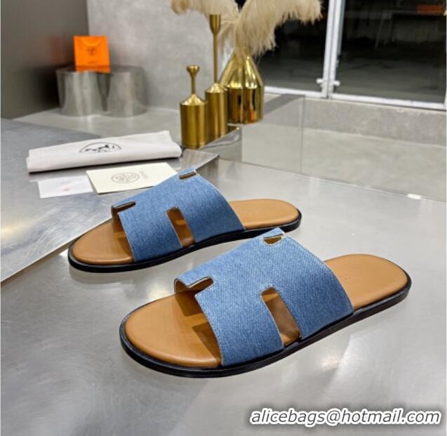 Grade Design Hermes Men's Izmir Denim Flat Slide Sandals Blue/Brown Leather 121646