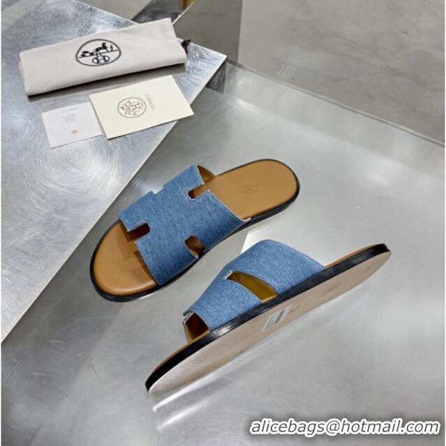 Grade Design Hermes Men's Izmir Denim Flat Slide Sandals Blue/Brown Leather 121646