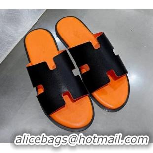 Low Price Hermes Men's Izmir Smooth Leather Flat Slide Sandals Black/Orange 121647