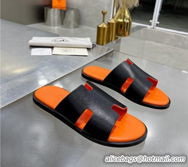 Low Price Hermes Men's Izmir Smooth Leather Flat Slide Sandals Black/Orange 121647