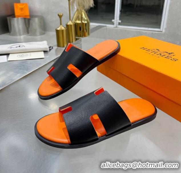 Low Price Hermes Men's Izmir Smooth Leather Flat Slide Sandals Black/Orange 121647