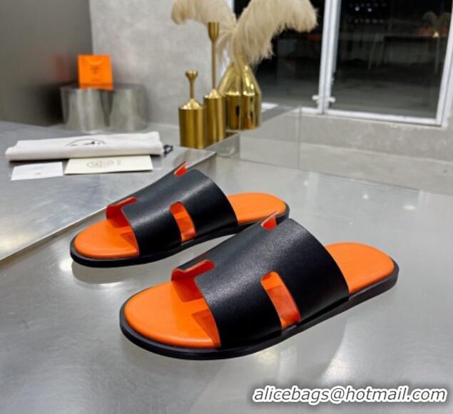 Low Price Hermes Men's Izmir Smooth Leather Flat Slide Sandals Black/Orange 121647