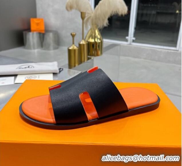 Low Price Hermes Men's Izmir Smooth Leather Flat Slide Sandals Black/Orange 121647