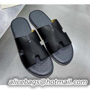 Affordable Price Hermes Men's Izmir Smooth Leather Flat Slide Sandals Black/Grey 121648