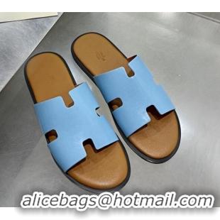 Good Quality Hermes Men's Izmir Smooth Leather Flat Slide Sandals Light Blue/Brown 121650