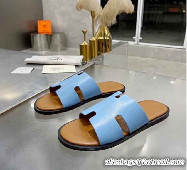 Good Quality Hermes Men's Izmir Smooth Leather Flat Slide Sandals Light Blue/Brown 121650