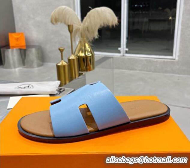 Good Quality Hermes Men's Izmir Smooth Leather Flat Slide Sandals Light Blue/Brown 121650