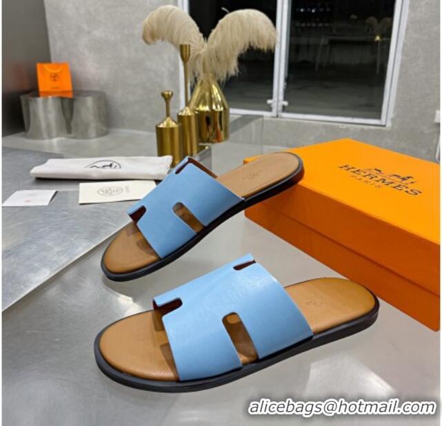 Good Quality Hermes Men's Izmir Smooth Leather Flat Slide Sandals Light Blue/Brown 121650