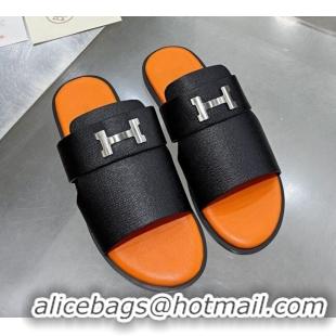 Top Grade Hermes Men's Arles Grained Leather Flat Slide Sandals Black/Orange 121651