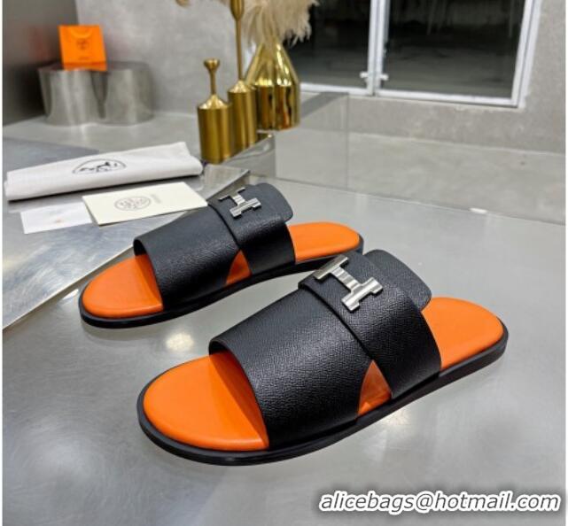 Top Grade Hermes Men's Arles Grained Leather Flat Slide Sandals Black/Orange 121651