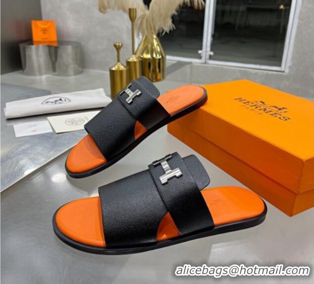 Top Grade Hermes Men's Arles Grained Leather Flat Slide Sandals Black/Orange 121651