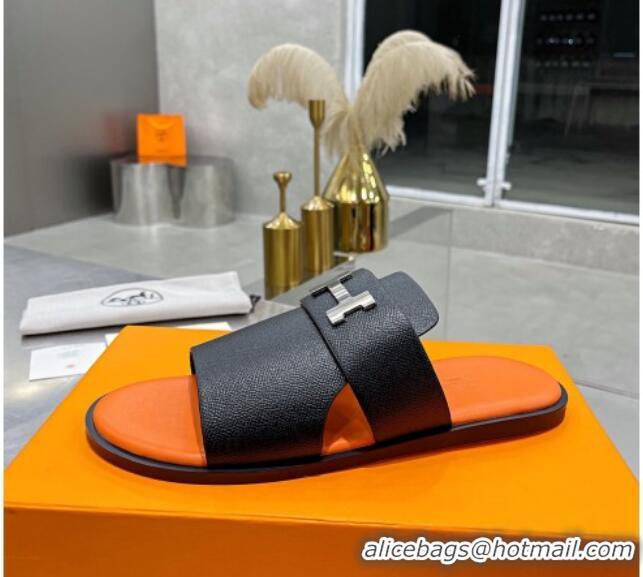 Top Grade Hermes Men's Arles Grained Leather Flat Slide Sandals Black/Orange 121651