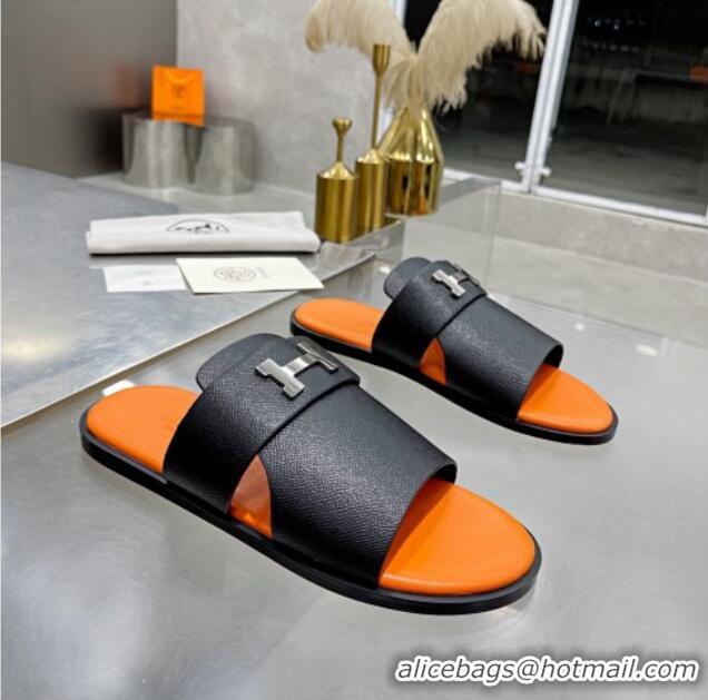 Top Grade Hermes Men's Arles Grained Leather Flat Slide Sandals Black/Orange 121651