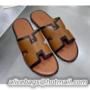 Good Quality Hermes Men's Izmir Smooth Leather Flat Slide Sandals Brown/Black 121652