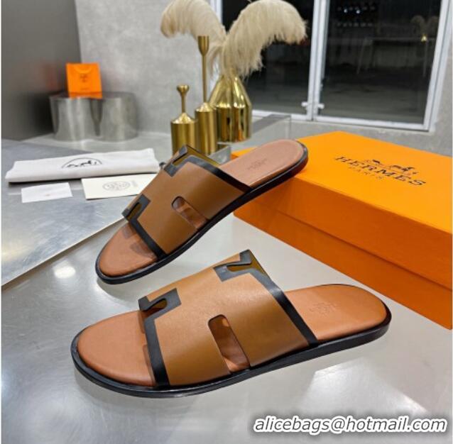 Good Quality Hermes Men's Izmir Smooth Leather Flat Slide Sandals Brown/Black 121652