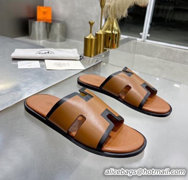 Good Quality Hermes Men's Izmir Smooth Leather Flat Slide Sandals Brown/Black 121652