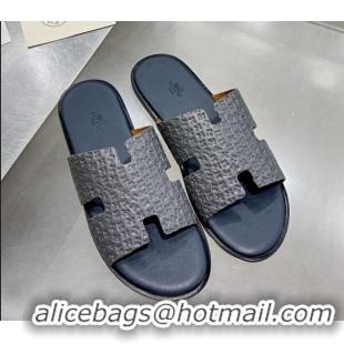 Top Design Hermes Men's Izmir H-Embossed Leather Flat Slide Sandals Grey 121653