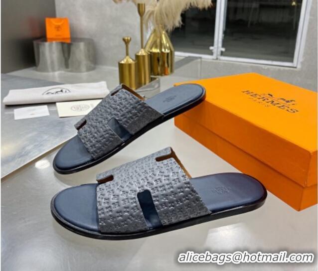 Top Design Hermes Men's Izmir H-Embossed Leather Flat Slide Sandals Grey 121653