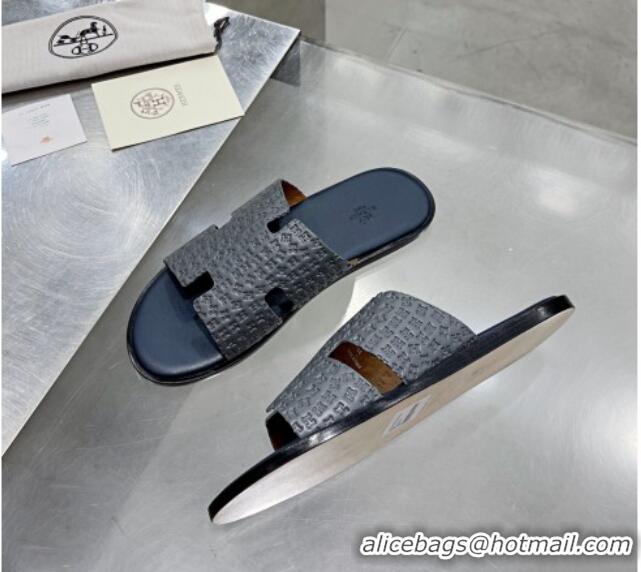 Top Design Hermes Men's Izmir H-Embossed Leather Flat Slide Sandals Grey 121653