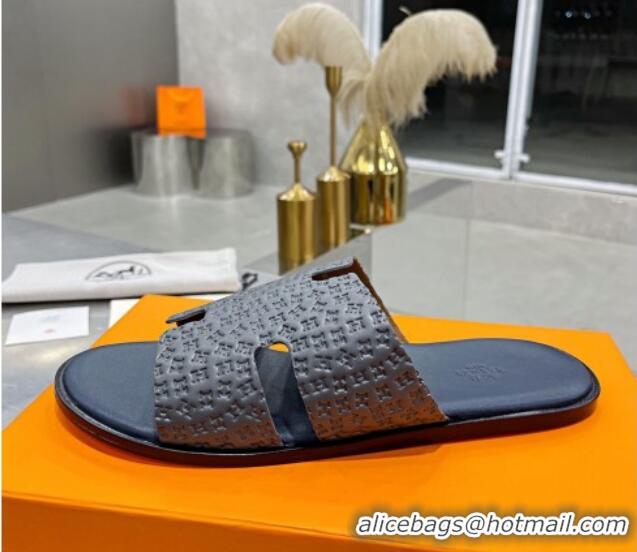 Top Design Hermes Men's Izmir H-Embossed Leather Flat Slide Sandals Grey 121653