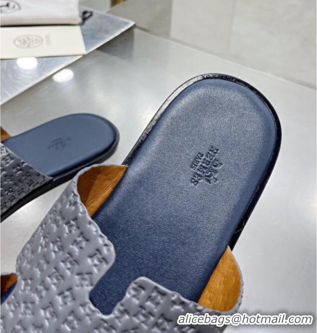 Top Design Hermes Men's Izmir H-Embossed Leather Flat Slide Sandals Grey 121653