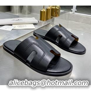 Top Quality Hermes Men's Izmir Stitching Leather Flat Slide Sandals All Black 121654