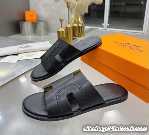 Top Quality Hermes Men's Izmir Stitching Leather Flat Slide Sandals All Black 121654