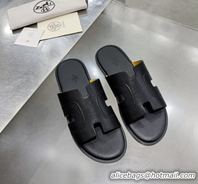 Top Quality Hermes Men's Izmir Stitching Leather Flat Slide Sandals All Black 121654