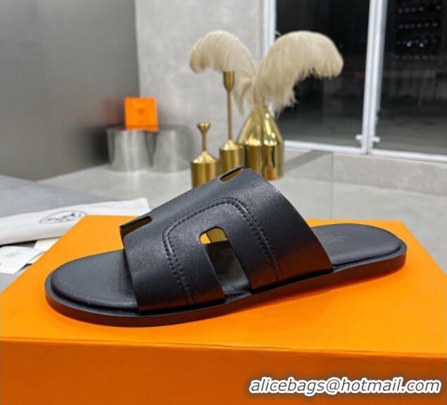 Top Quality Hermes Men's Izmir Stitching Leather Flat Slide Sandals All Black 121654